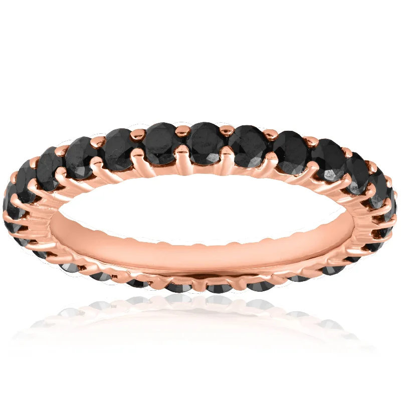 women engagement rings with side stones -Black Diamond Eternity Ring 14K Rose Gold 1 1/2 Carat Womens Wedding Stackable