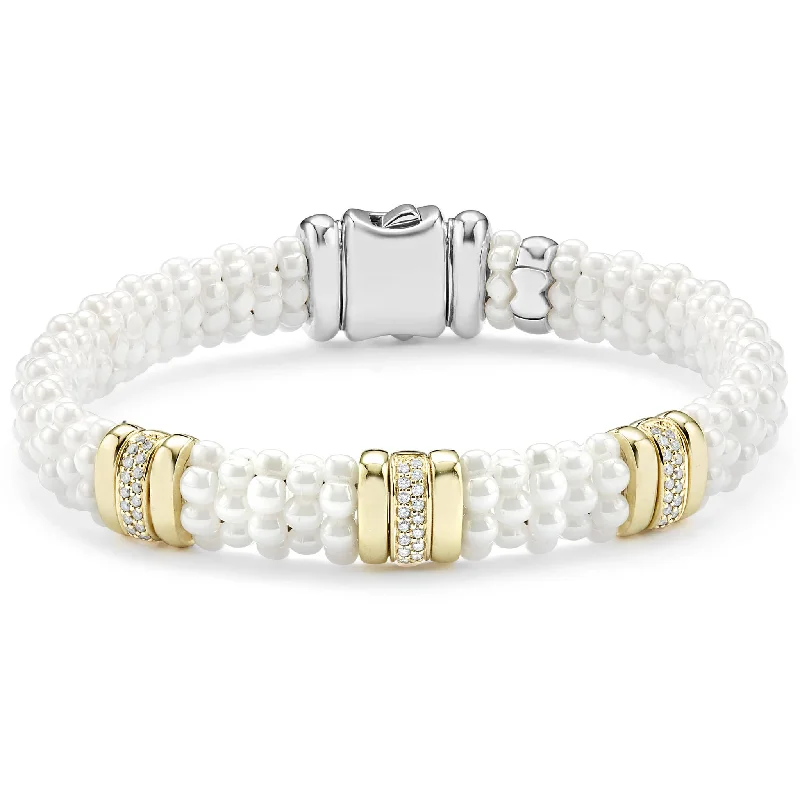 women stacking bracelets -White Caviar Three Station Ceramic Diamond Bracelet | 9mm