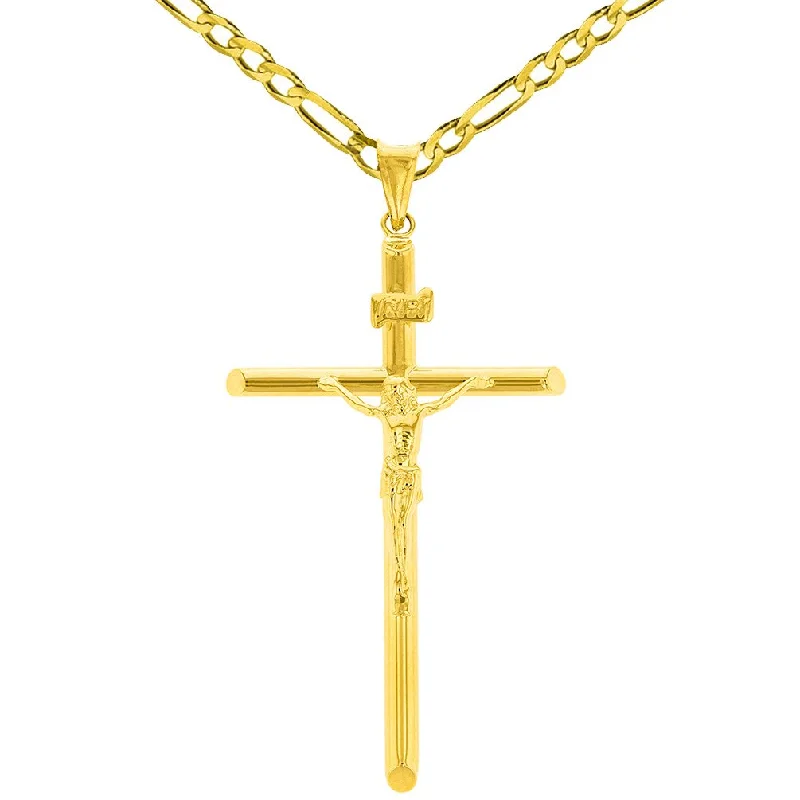 women vintage charm necklaces -14K Yellow Gold Polished Tubular Cross INRI Crucifix Pendant with Figaro Chain Necklace