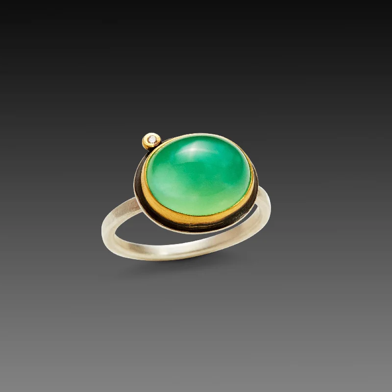 women cushion cut rings -Smooth Oval Chrysoprase Ring with Diamond