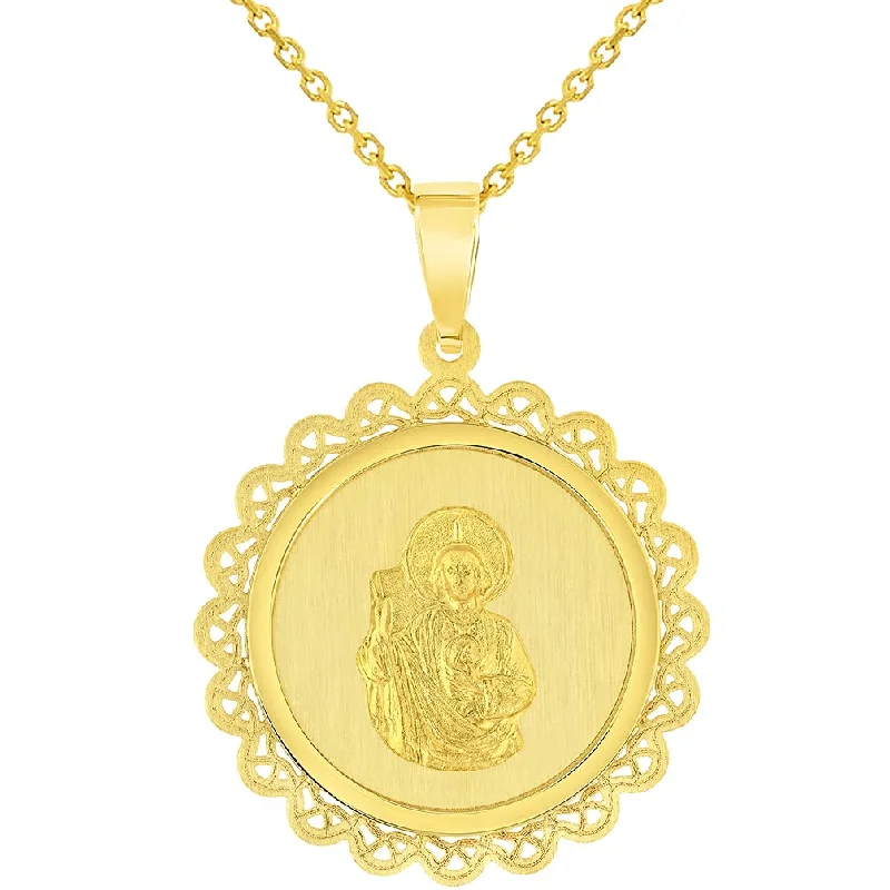 women gemstone pendant necklaces -14k Yellow Gold Round Ornate Miraculous Medal of Saint Jude Thaddeus the Apostle Pendant Necklace