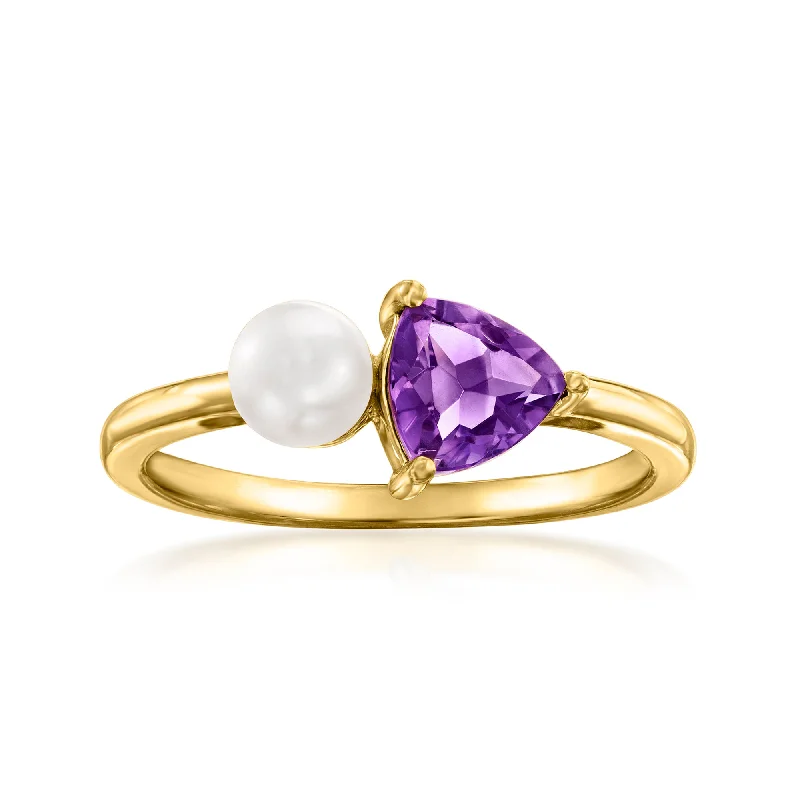 women sapphire gemstone engagement rings -Ross-Simons 5mm Cultured Pearl and . Amethyst Toi Et Moi Ring in 14kt Yellow Gold