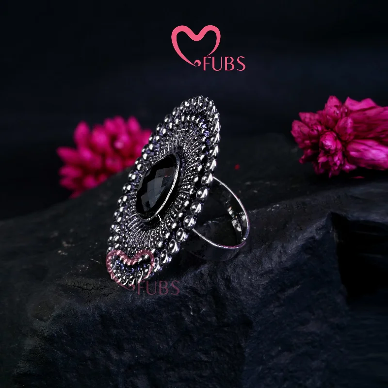 women thick band rings -Darkened Stone Oxidized Ring