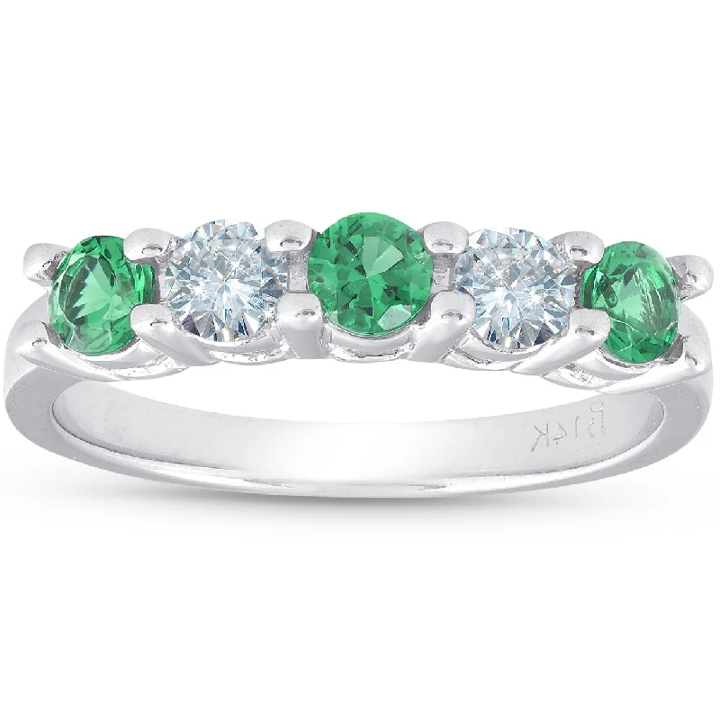 women wedding engagement rings -3/4ct Emerald & Diamond 5-Stone Wedding Ring 14K White Gold