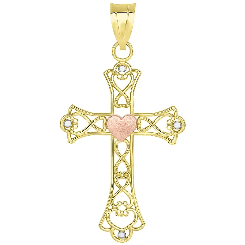 women sapphire necklaces -14k Yellow Gold and Rose Gold Open Love Knot Heart Cross Pendant