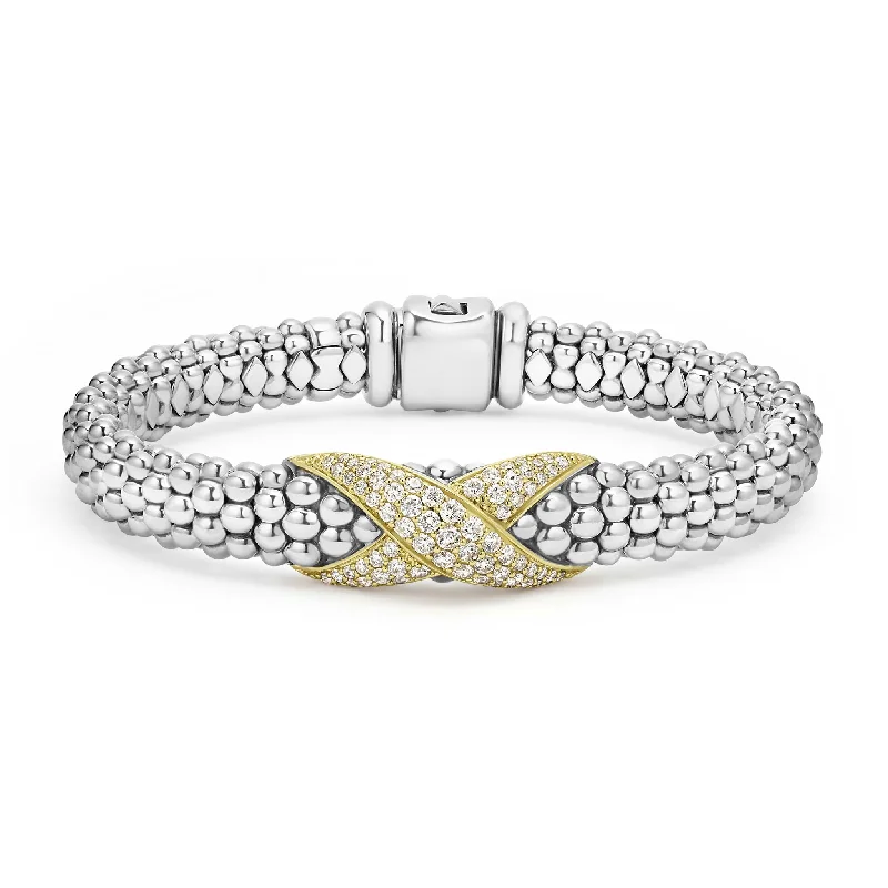 women personalized bracelets -Embrace Two-Tone Diamond X Caviar Bracelet | 9mm