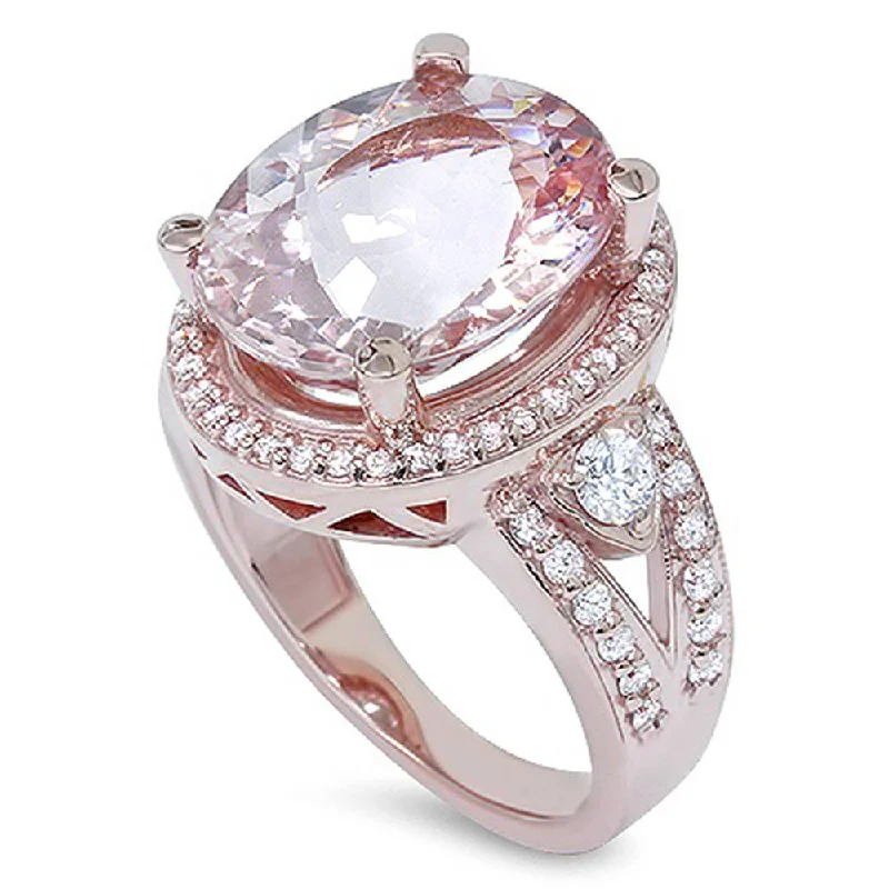 women designer engagement rings -9ct Morganite & Diamond Engagement Ring 14K Rose Gold Halo Split Shank