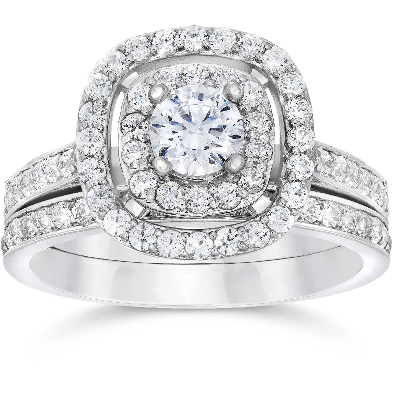 women unique cut engagement rings -1 1/2ct Double Cushion Halo Real Diamond Engagement Wedding Ring Set White Gold