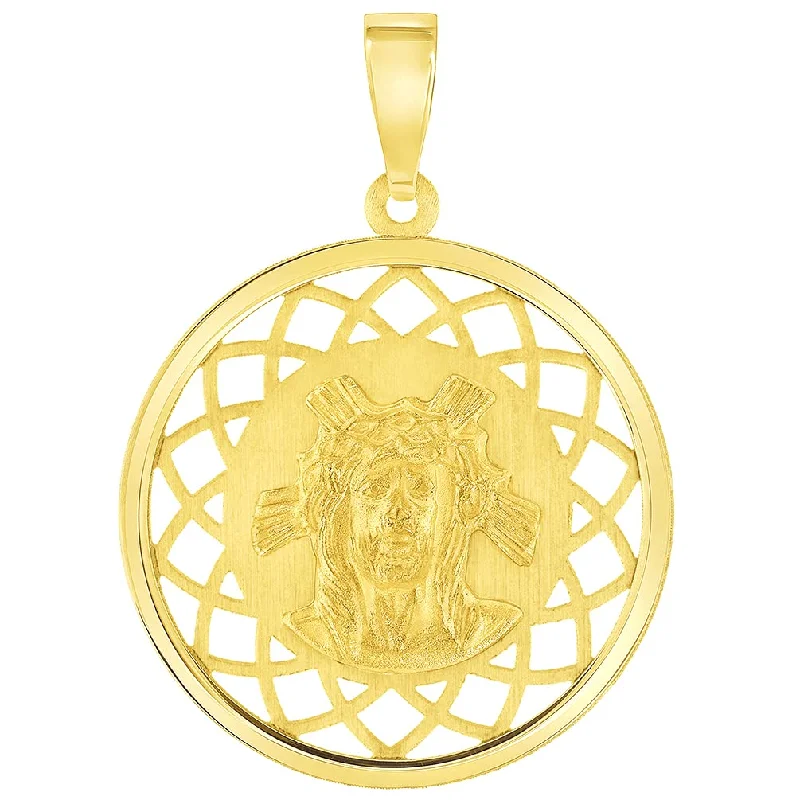 women infinity necklaces -14k Yellow Gold Holy Face of Jesus Christ On Round Open Ornate Miraculous Medal Pendant