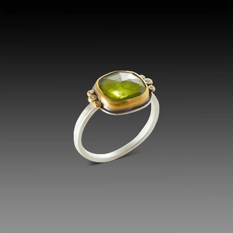 women yellow gold rings -Vesuvianite Ring with Diamond Trios