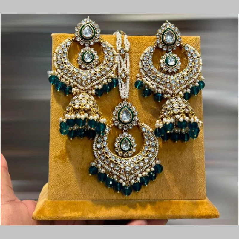 women pearl earrings -Hira Collections Gold Plated Kundan Stone And Beads Jhumki With Maangtikka