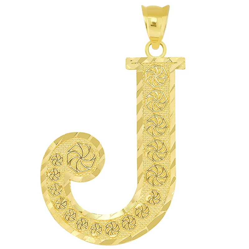 women minimalist necklaces -14k Yellow Gold Textured Uppercase Initial J Letter Pendant with Eternity Symbols 1 inch