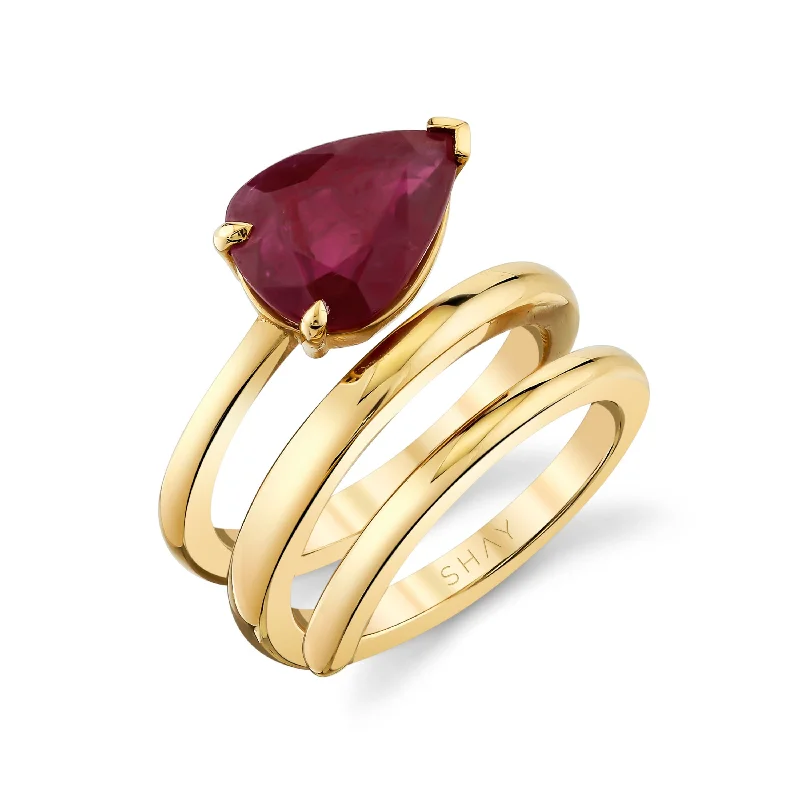 women custom wedding bands -READY TO SHIP RUBY PEAR SOLID GOLD SPIRAL PINKY RING