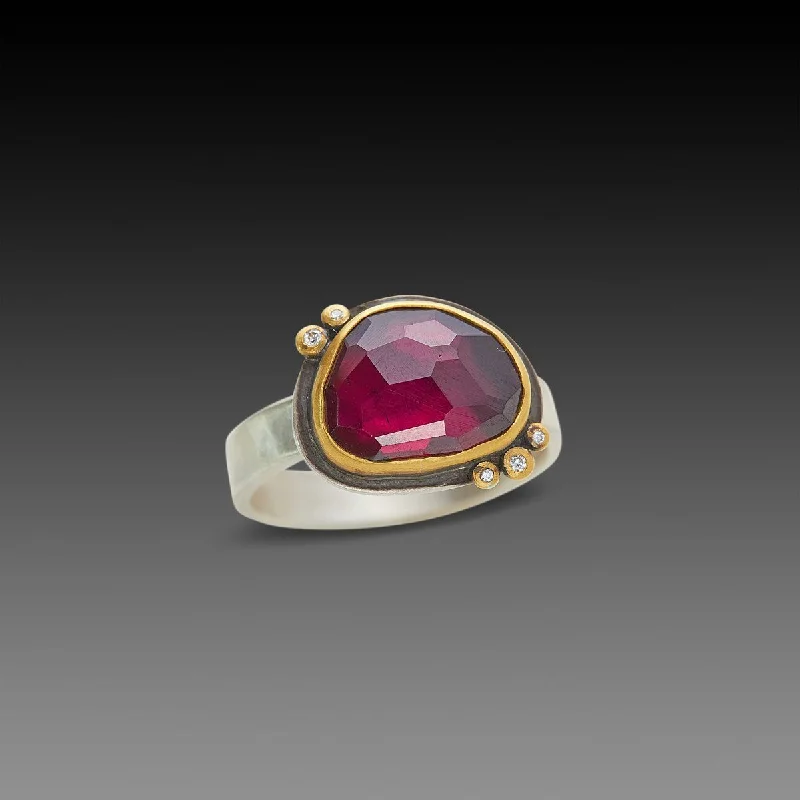 women wide band rings -Rose Cut Rhodolite Garnet Ring with Five Diamonds