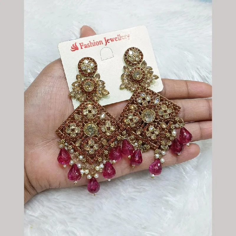 women floral earrings -Lucentarts Jewellery Gold Plated Crystal Stone And Pearls Dangler Earrings