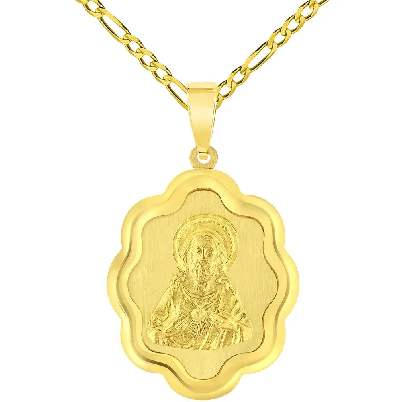 women celestial necklaces -14k Yellow Gold Sacred Heart of Jesus Christ On Elegant Miraculous Medal Pendant with Figaro Chain Necklace