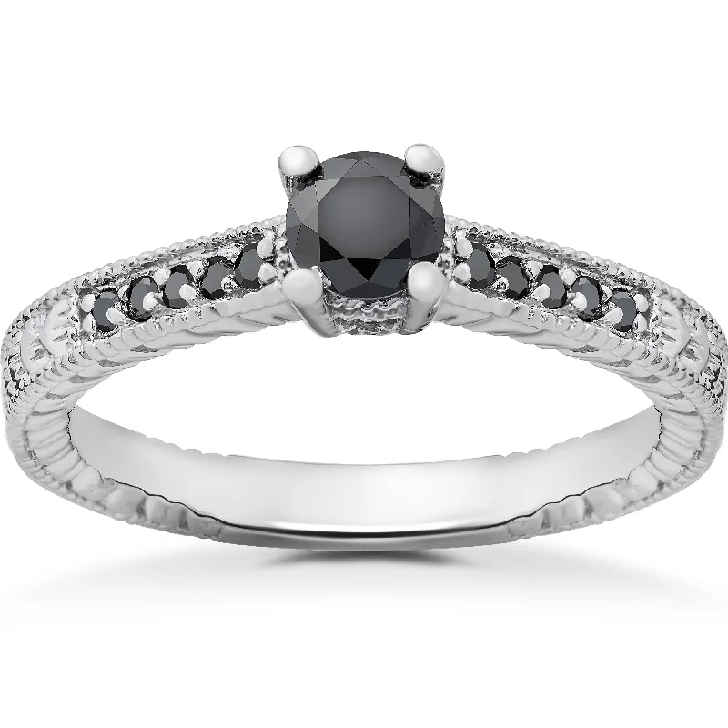 women heart-shaped engagement rings -1/2 ct Black Diamond Vintage Engagement Ring 14k White Gold