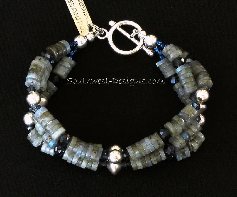 women minimalist bangles -Labradorite Heishi 3-Strand Bracelet with Thunder Polish & Swarovski Crystal, Sterling Silver Rounds & Bicones, and Sterling Toggle Clasp