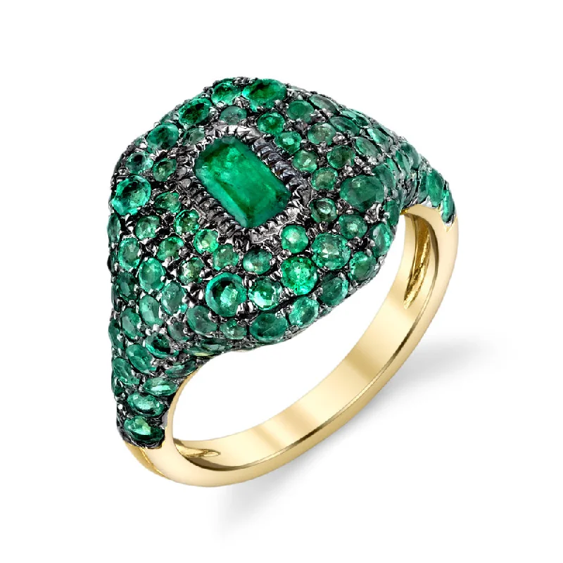 women wide band rings -READY TO SHIP EMERALD PAVE PINKY RING