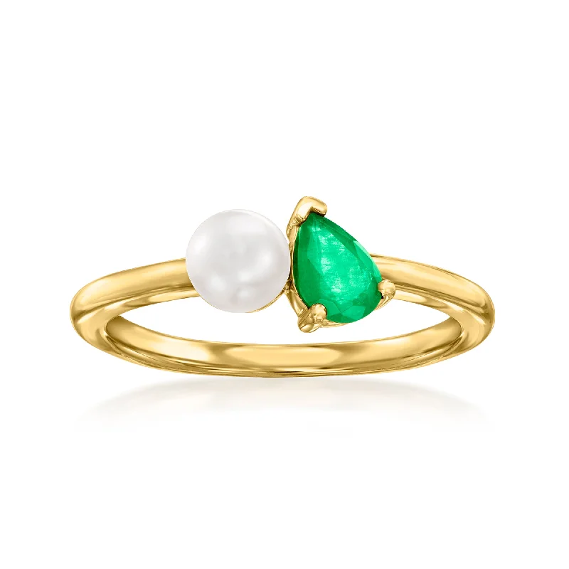 women antique-style engagement rings -Ross-Simons 5mm Cultured Pearl and . Emerald Toi Et Moi Ring in 14kt Yellow Gold