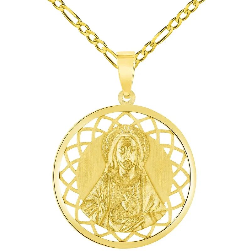 women luxury diamond necklaces -14k Yellow Gold Sacred Heart of Jesus Christ On Round Open Ornate Miraculous Medal Pendant Figaro Chain Necklace