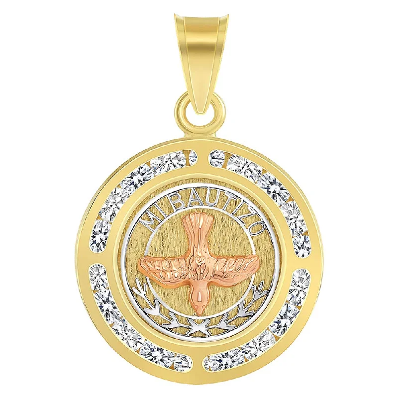 women art deco necklaces -14k Yellow and Rose Gold Cubic-Zirconia Mi Bautizo Holy Spirit Dove Medallion Pendant