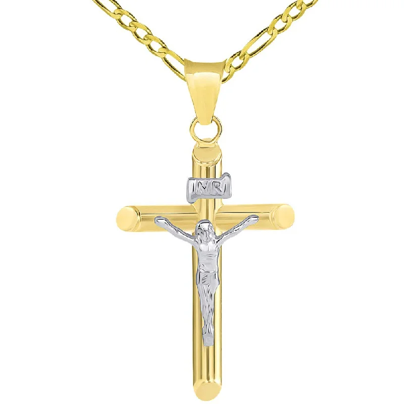 women custom charm necklaces -14k Two Tone Gold Tubular Cross INRI Crucifix Pendant with Figaro Necklace