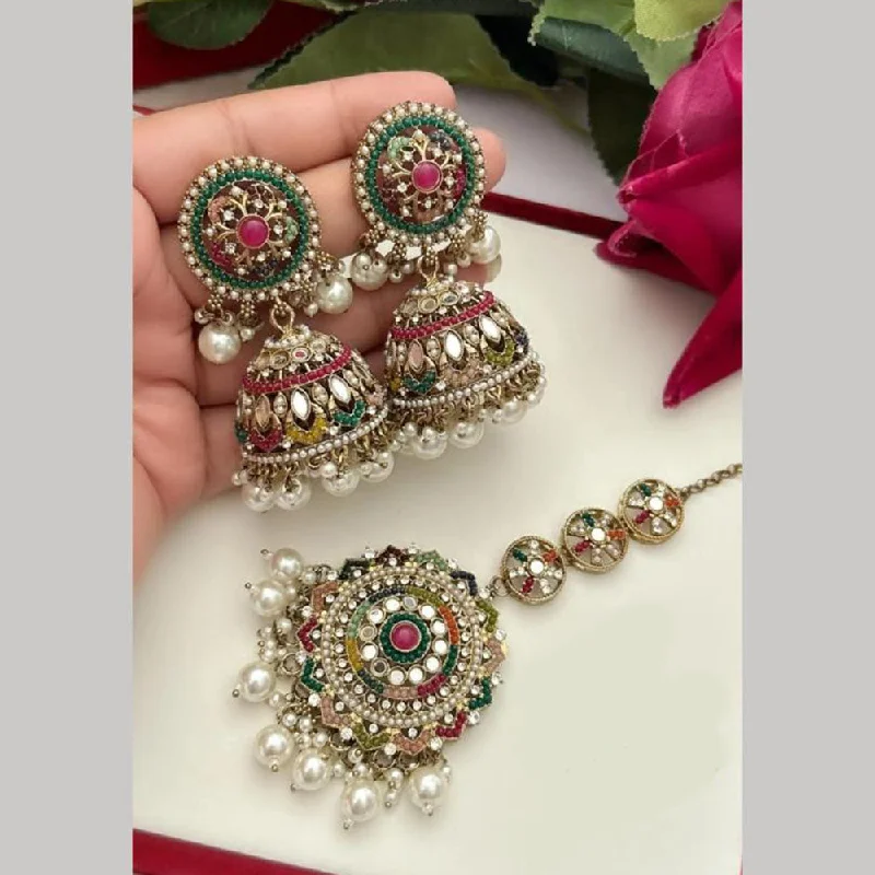 women personalized earrings -FS Collection Gold Plated Pearls And Mirror Earring With Mangtikka