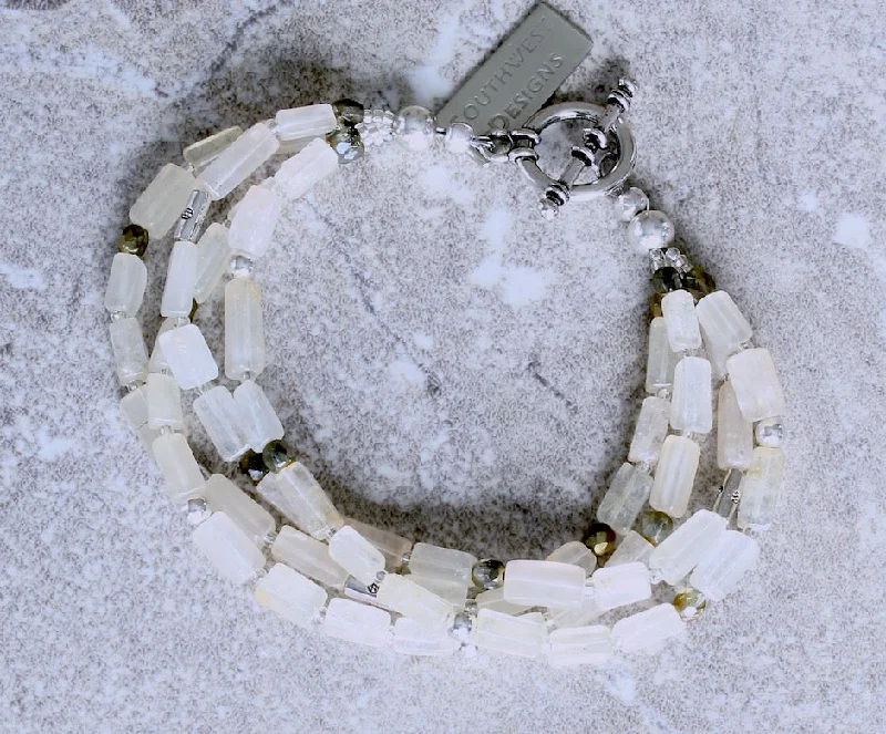 women gemstone bracelets -Ivory Glass Rectangles 4-Strand Bracelet with Golden Bronze Fire Polished Glass, and Sterling Silver Beads & Toggle Clasp