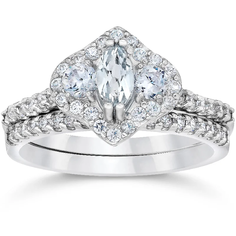 women gold engagement rings -1 3/4ct Marquise Halo Diamond Vintage Engagement Ring Set 14K White Gold