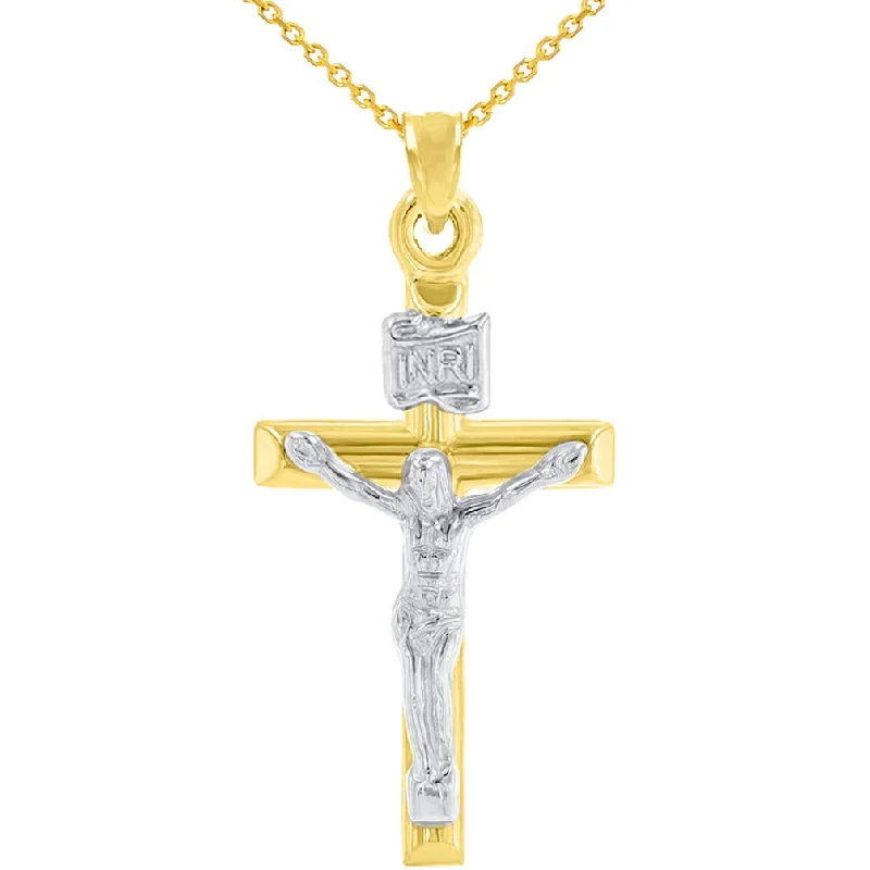 women unique charm necklaces -14K Yellow Gold INRI Cross with White Gold Jesus Crucifix Pendant Necklace