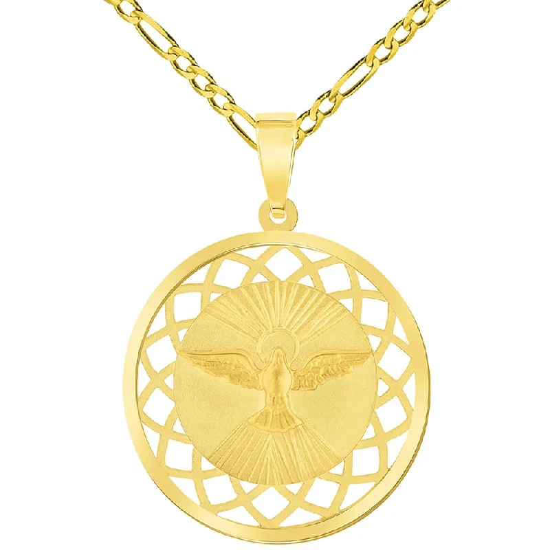 women zodiac necklaces -14k Yellow Gold Holy Spirit Dove Religious Round Open Ornate Medal Pendant with Figaro Chain Necklace