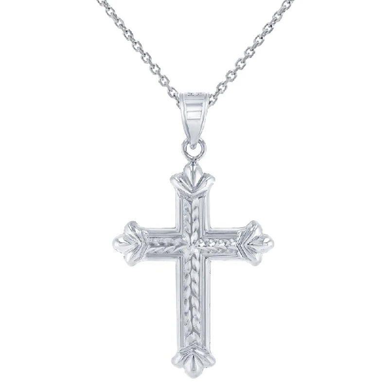 women round pendant necklaces -Textured 14k White Gold Fleur de Lis Cross Charm Pendant Necklace