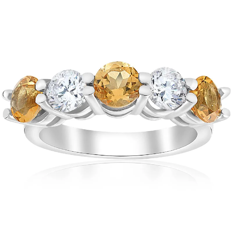 women custom designed engagement rings -2 1/2ct Citrine & Diamond 5-Stone Ring 14K White Gold