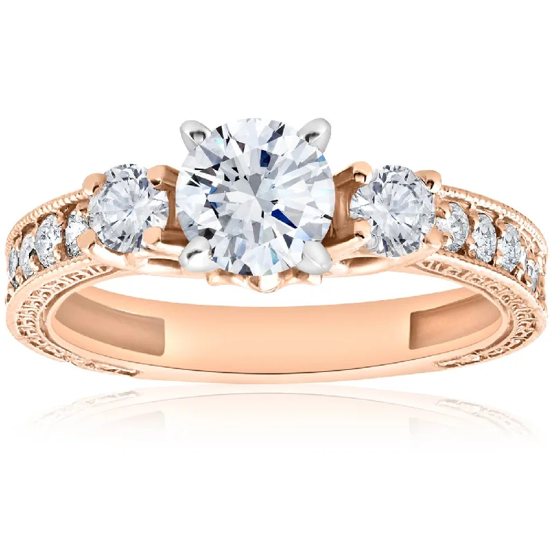 women alternative engagement rings -1ct Vintage Diamond 3 stone Engagememt Ring 14K Rose Gold