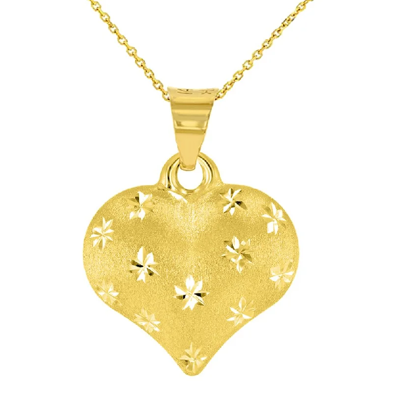 women gold plated necklaces -Polished 14K Yellow Gold Satin Heart with Star Texture Charm Pendant Necklace