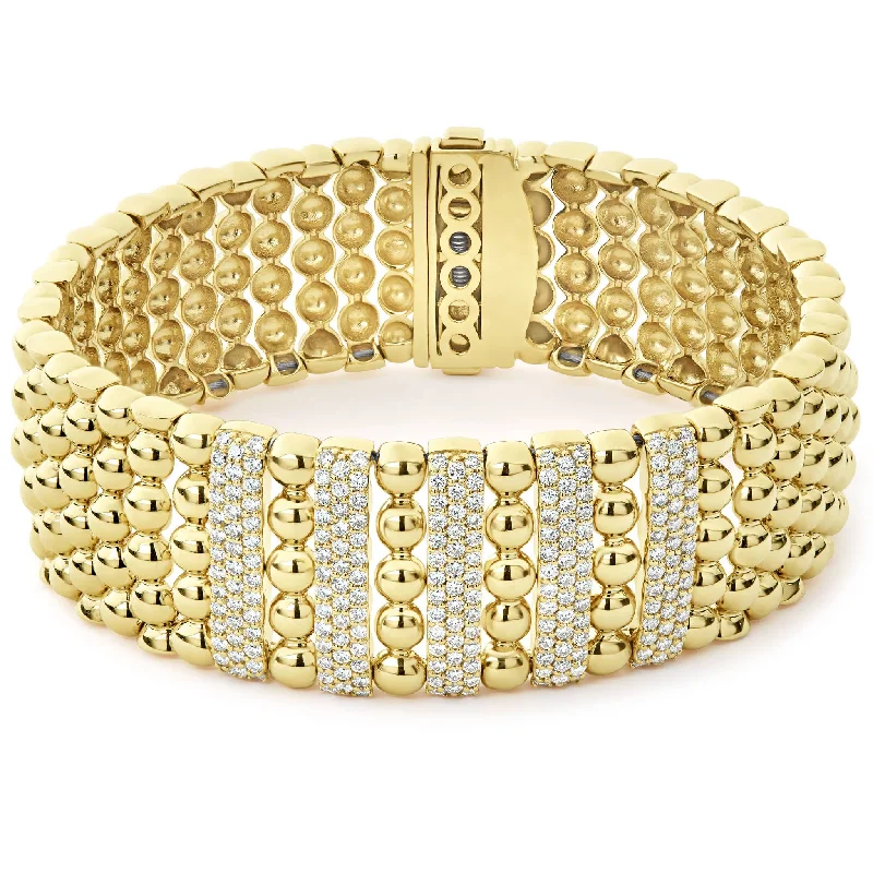 women statement bangles -Caviar Gold Five Station 18K Gold Diamond Bracelet | 20mm