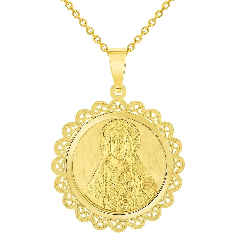 women vintage charm necklaces -14k Yellow Gold Sacred Heart of Jesus Christ On Round Ornate Miraculous Pendant Necklace