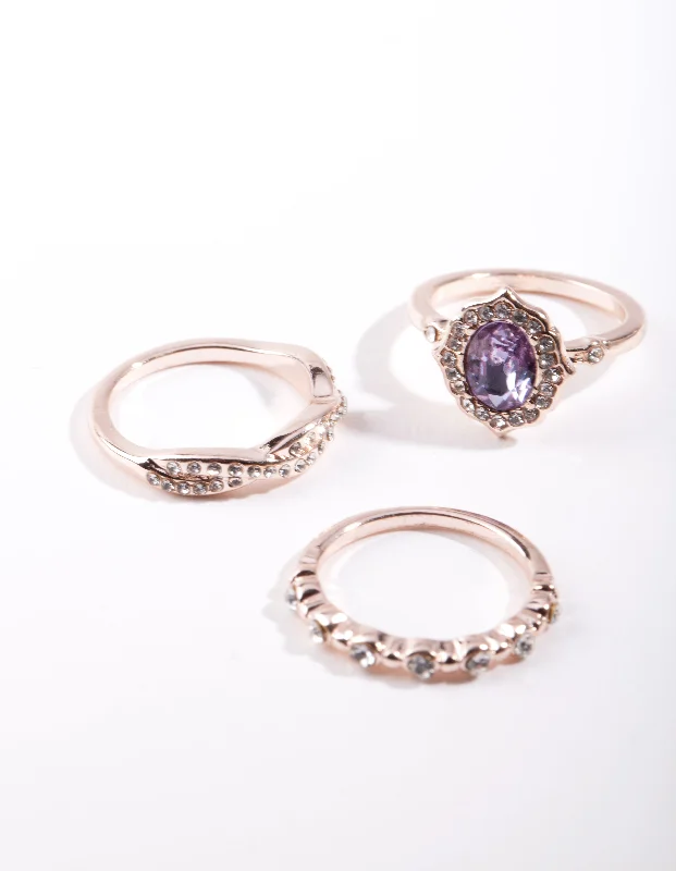 women heart-shaped engagement rings -Rose Gold Purple Stone Ring Stack