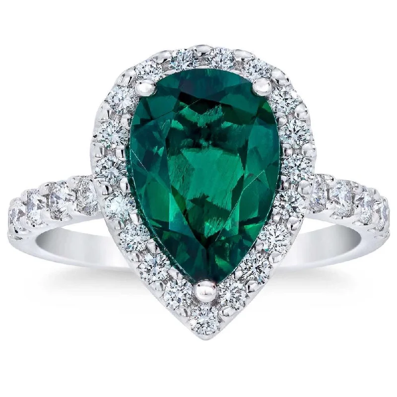 women moissanite engagement rings -5Ct Pear Shape Emerald & Lab Grown Diamond Halo Ring in 10k White Gold