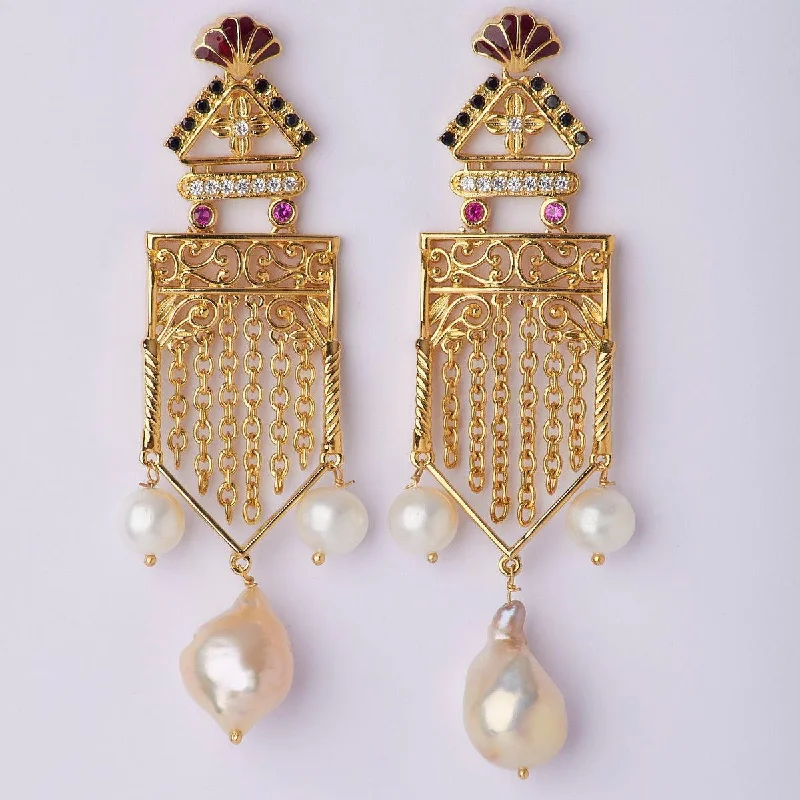 women chain earrings -Intricate Trio AD Stone Pearl Jhumka