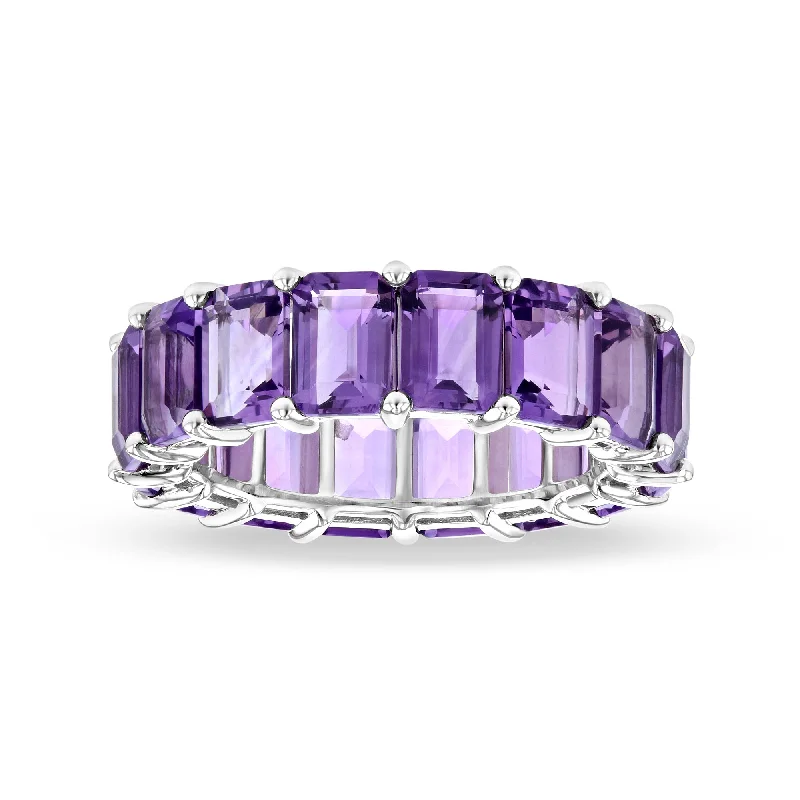 women white gold engagement rings -8.55ctw Amethyst Emerald Cut Eternity Ring in 14k White Gold