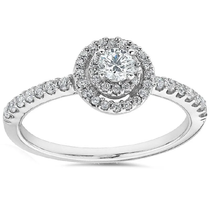 women fancy engagement rings -3/4ct Double Halo Round Diamond Engagement Ring 10K White Gold