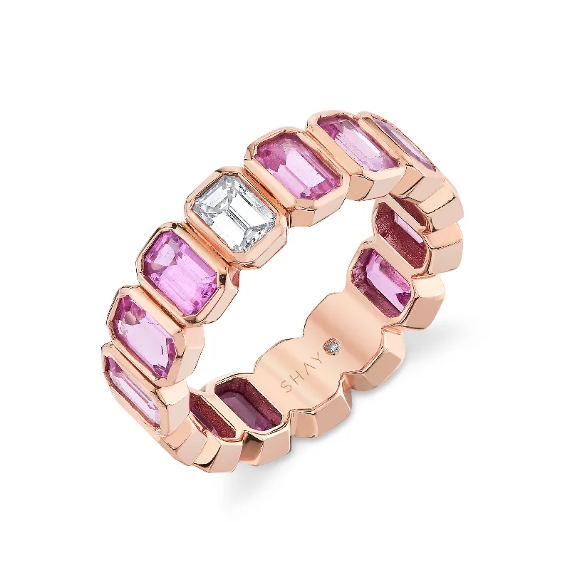 women emerald cut rings -READY TO SHIP PINK SAPPHIRE & DIAMOND BEZEL ETERNITY BAND