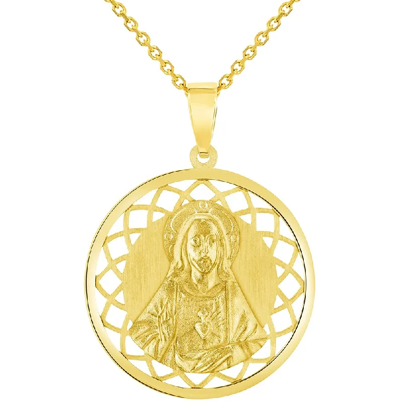 women lock necklaces -14k Yellow Gold Sacred Heart of Jesus Christ On Round Open Ornate Miraculous Medal Pendant Necklace