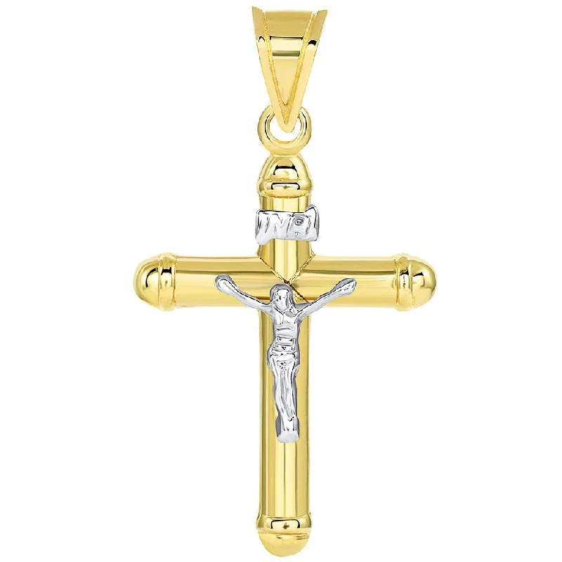 women moon necklaces -14k Two Tone Gold Rounded Christian INRI Crucifix Tube Cross Pendant