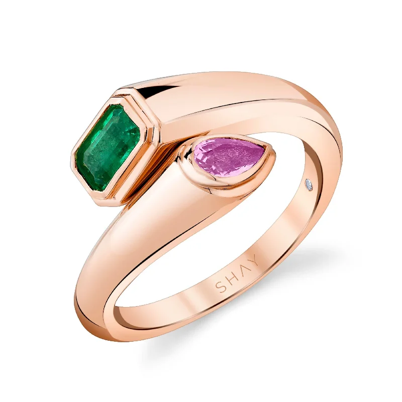 women promise rings -EMERALD & PINK SAPPHIRE MIXED BYPASS PINKY RING