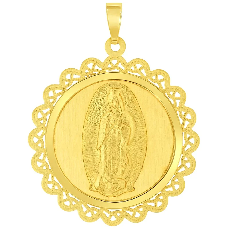 women monogram necklaces -14k Yellow Gold Round Ornate Miraculous Medal of Our Lady of Guadalupe Pendant (1")