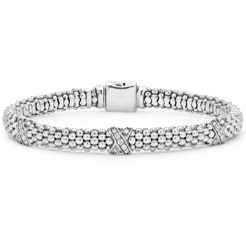 women adjustable charm bracelets -Embrace Three Station Silver X Diamond Bracelet | 6mm