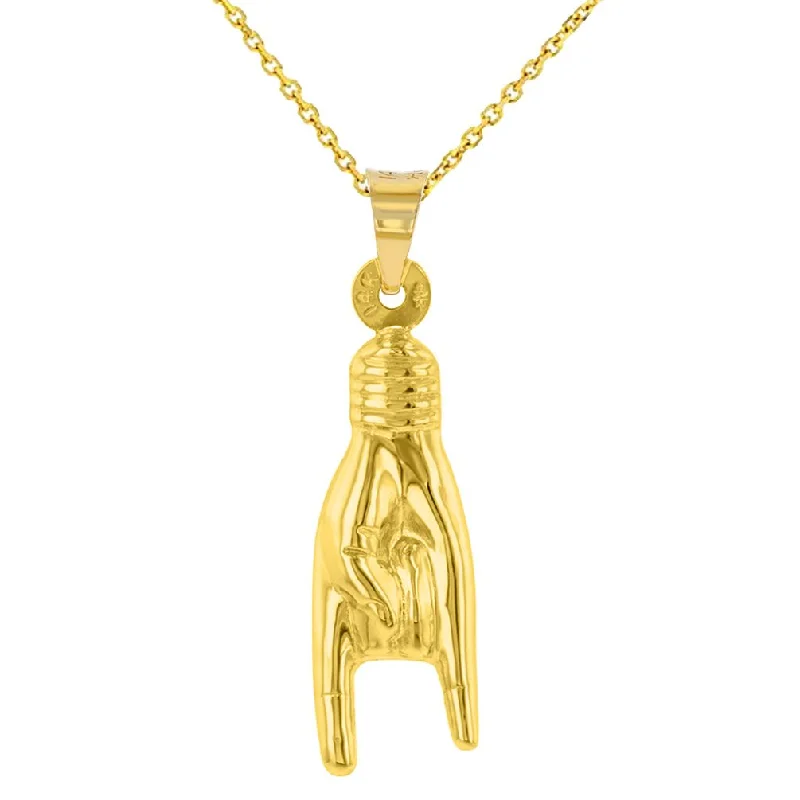 women tassel necklaces -14K Yellow Gold Hand Charm Mano Cornuto Good Luck Sign Pendant Necklace